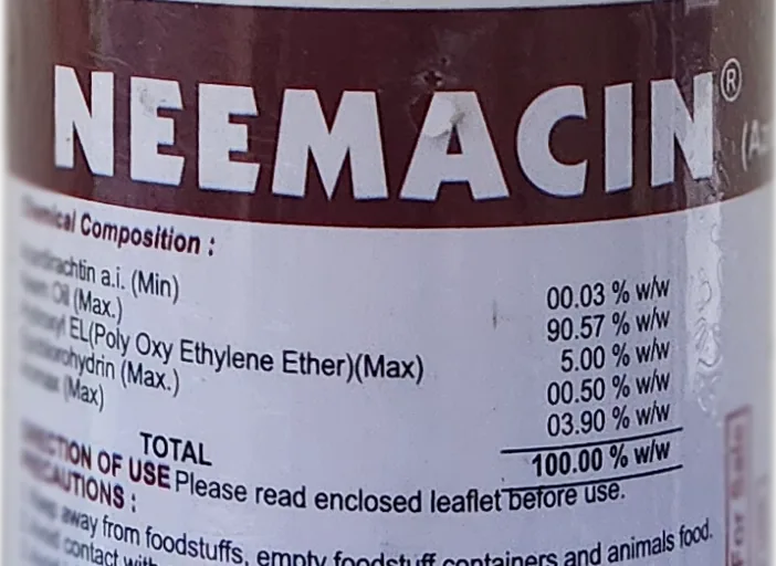 Neemacin label showing chemical composition